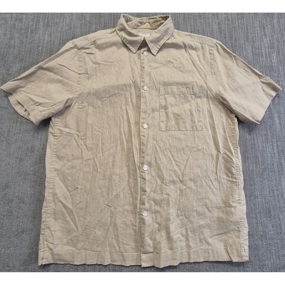 H&M men's tan‎ linen blend button up short sleeve shirt M coupe standard pocket